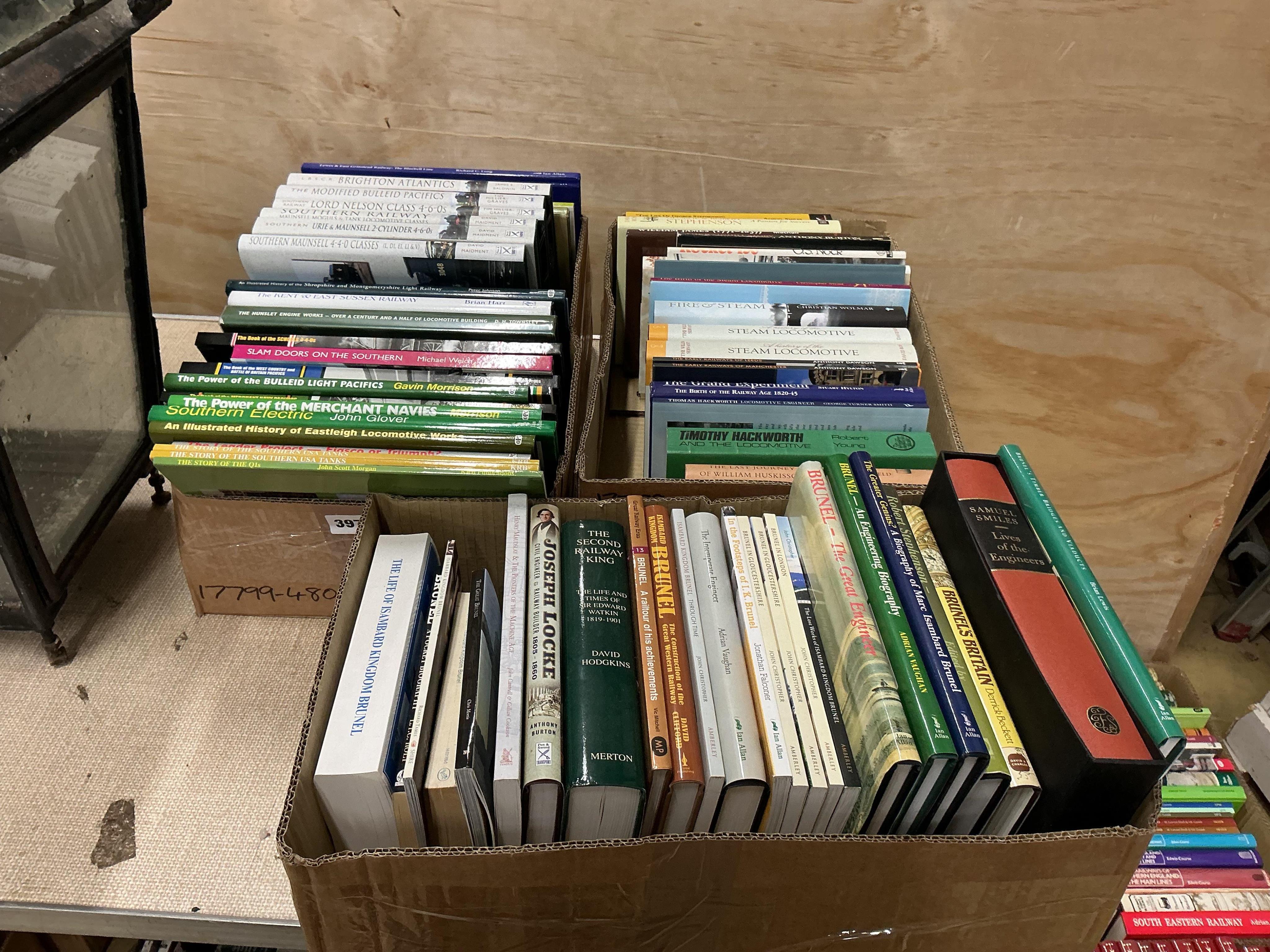 Three boxes of railway related books, subjects include; the Brighton Atlantics, the Modified Bulleid Pacifics, the Kent & East Sussex Railway, the Power of the Merchant Navies, the Early Railways of Leeds, George & Rober